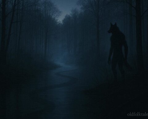 Twilight forest river scene with shadowy serpent in water and upright wolf like figure at tree line representing Altamaha ha and Dwayyo legend.