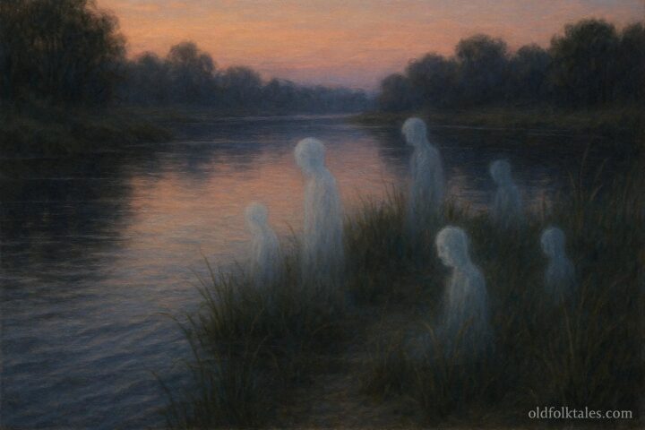 Human shaped river spirits standing quietly along a riverbank at dusk.