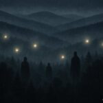 A mist covered Appalachian mountain at night with glowing orbs drifting above the ridges while dark human shaped silhouettes stand among trees below, creating an eerie folklore atmosphere.