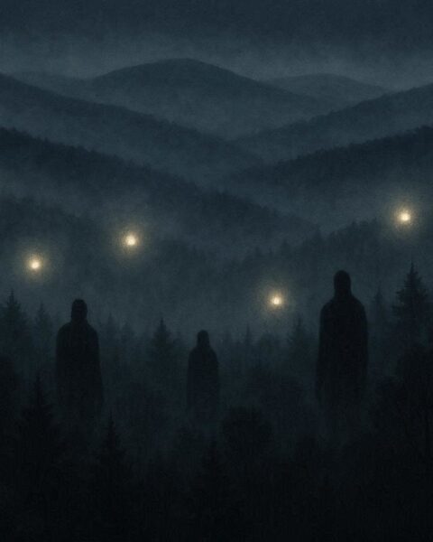 A mist covered Appalachian mountain at night with glowing orbs drifting above the ridges while dark human shaped silhouettes stand among trees below, creating an eerie folklore atmosphere.