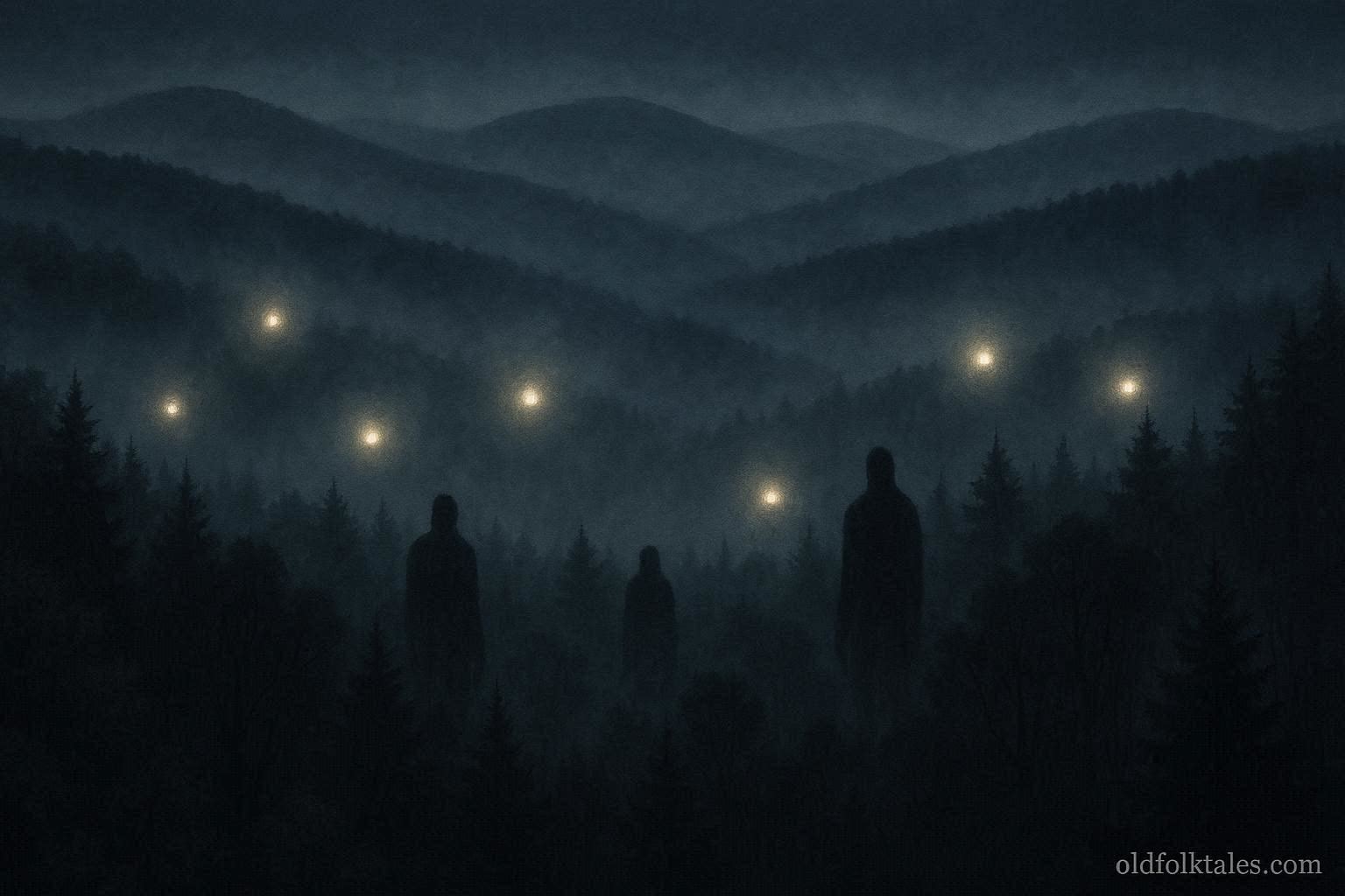 A mist covered Appalachian mountain at night with glowing orbs drifting above the ridges while dark human shaped silhouettes stand among trees below, creating an eerie folklore atmosphere.