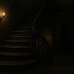 A shadowy human-shaped figure in a dimly lit stairwell of the Dakota apartment building at night in New York City.