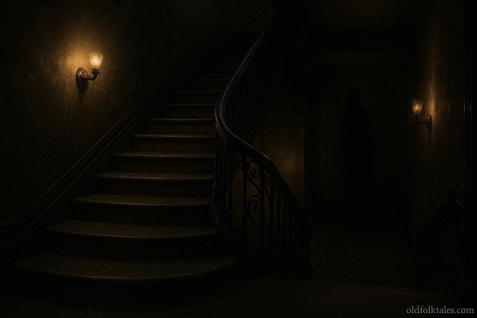 A shadowy human-shaped figure in a dimly lit stairwell of the Dakota apartment building at night in New York City.