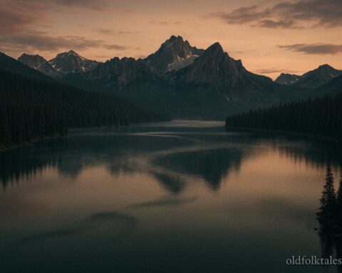 Mountain lake at dusk with faint serpentine shape beneath water representing Sharlie lake monster legend.
