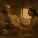 Elder presenting a ceremonial shield to a young warrior in a Plains lodge, symbolizing responsibility and ethical use of power.