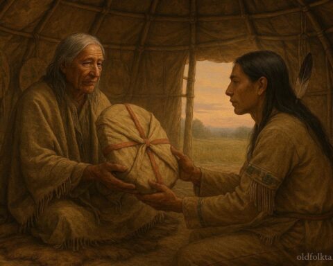 Elder presenting a ceremonial shield to a young warrior in a Plains lodge, symbolizing responsibility and ethical use of power.