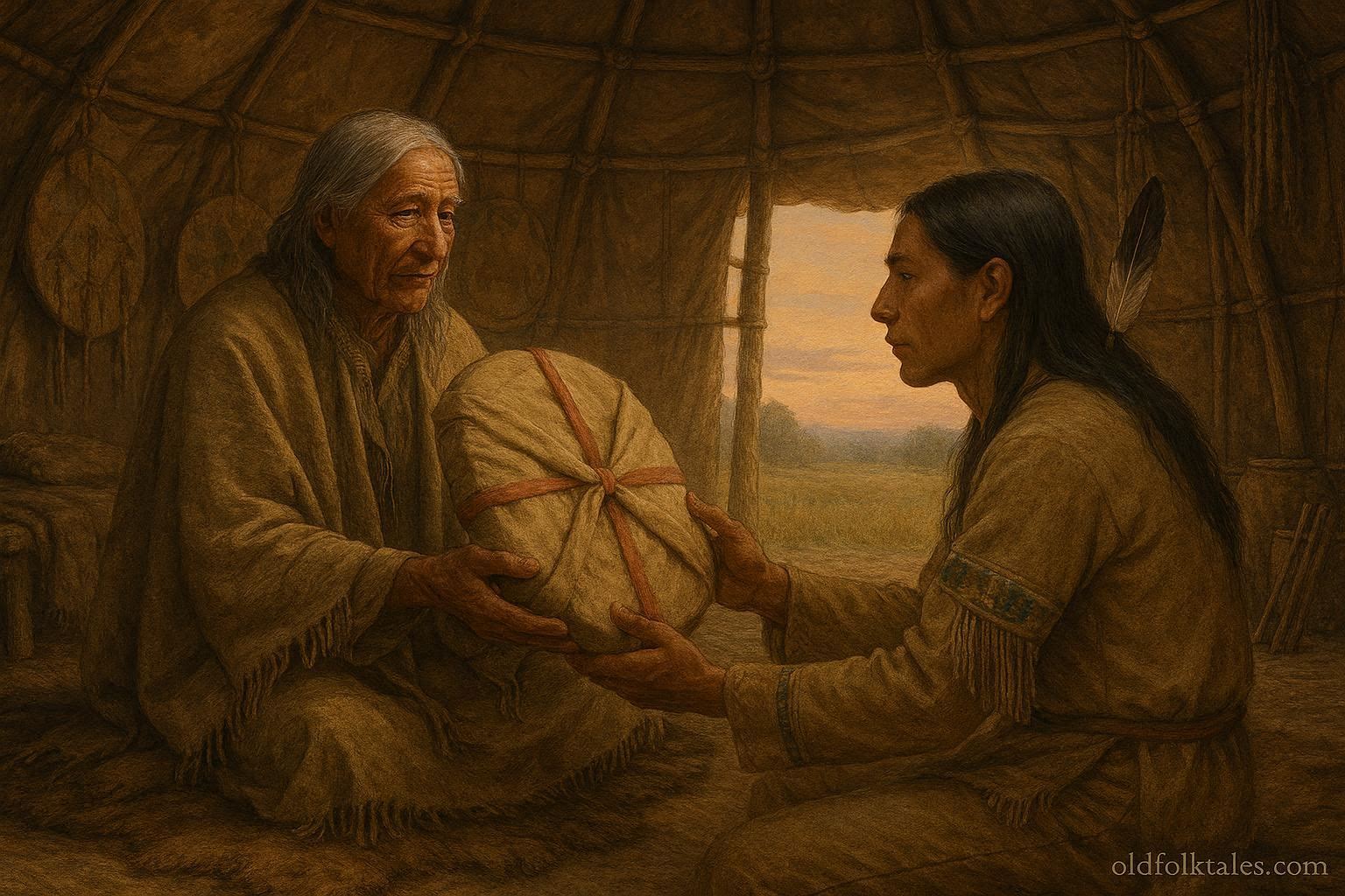 Elder presenting a ceremonial shield to a young warrior in a Plains lodge, symbolizing responsibility and ethical use of power.