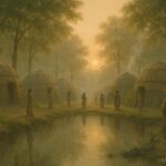 Quiet Southeastern Indigenous village at dawn representing ritual silence observed after conflict.
