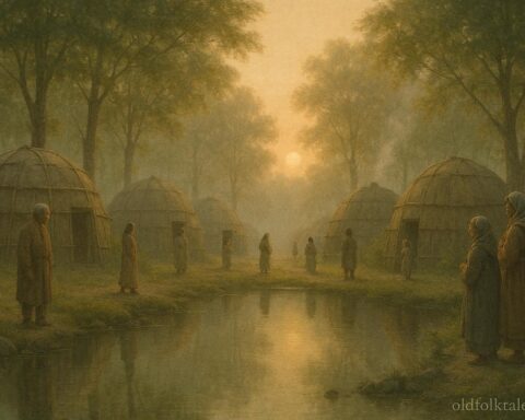 Quiet Southeastern Indigenous village at dawn representing ritual silence observed after conflict.
