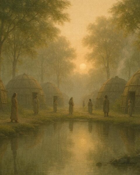Quiet Southeastern Indigenous village at dawn representing ritual silence observed after conflict.
