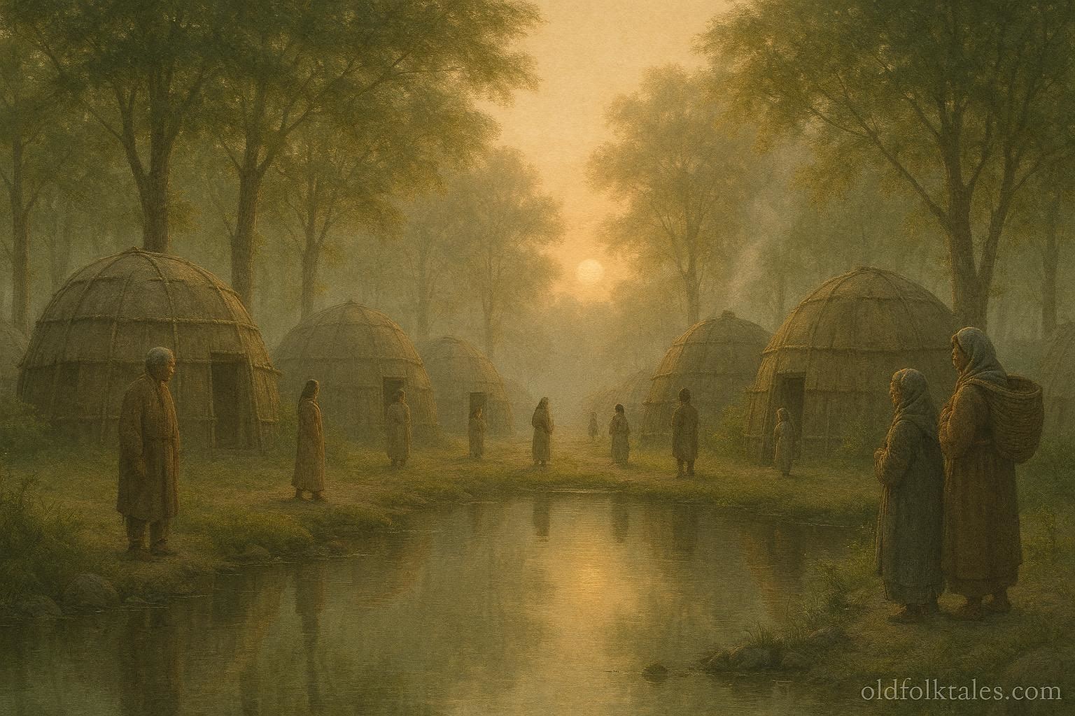 Quiet Southeastern Indigenous village at dawn representing ritual silence observed after conflict.
