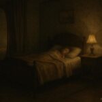 Historic American bedroom with a bed facing a mirror at night