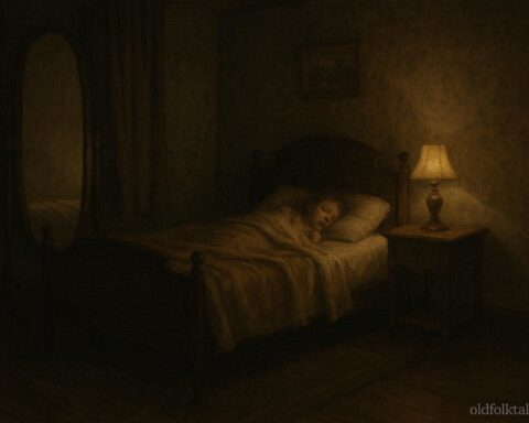 Historic American bedroom with a bed facing a mirror at night