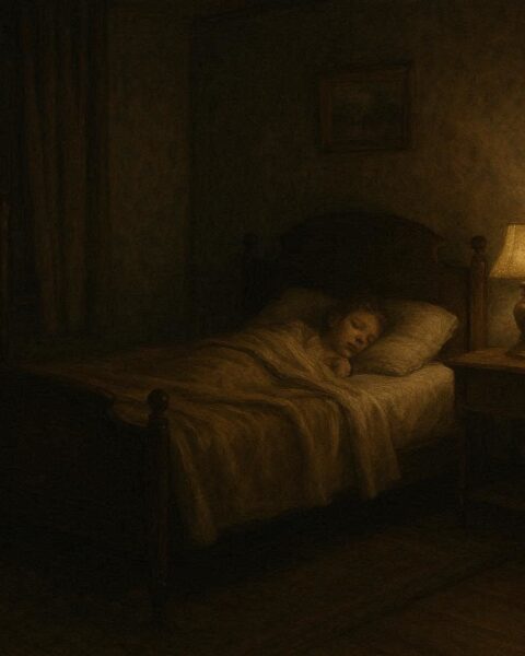 Historic American bedroom with a bed facing a mirror at night