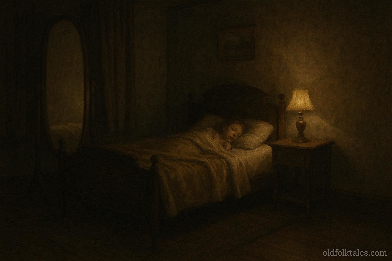 Historic American bedroom with a bed facing a mirror at night