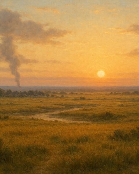 Thin smoke rising from a distant Plains village at sunrise, representing historical Indigenous smoke signaling for communication and protection.