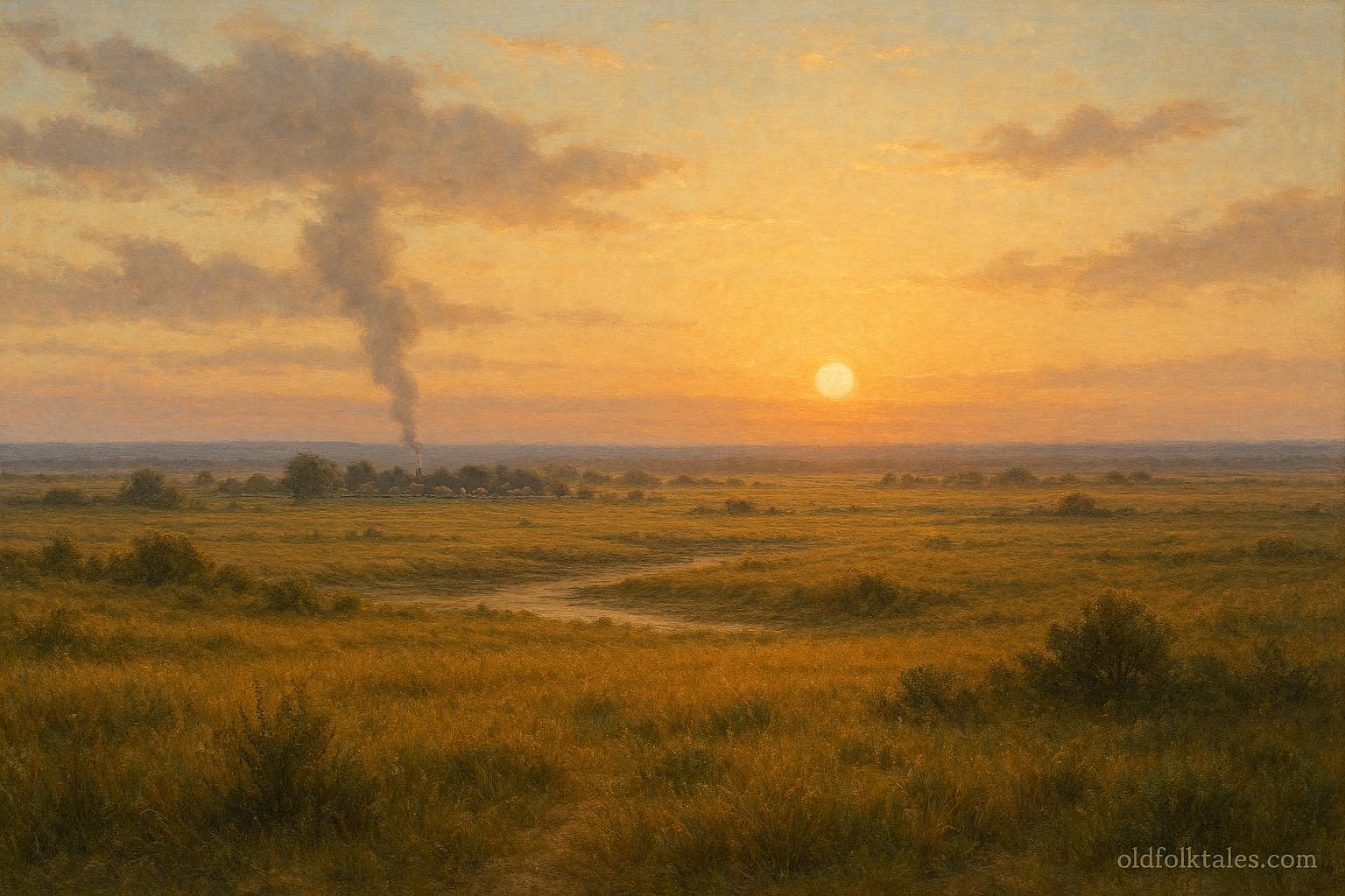 Thin smoke rising from a distant Plains village at sunrise, representing historical Indigenous smoke signaling for communication and protection.