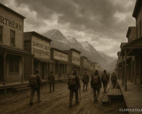 1890s Alaska gold rush town with wooden buildings, muddy streets, and miners in frontier clothing, representing the era of Soapy Smith during the Klondike Gold Rush.