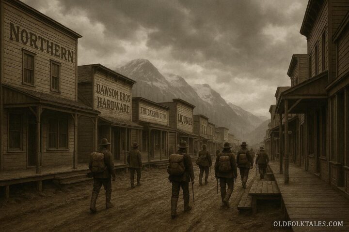 1890s Alaska gold rush town with wooden buildings, muddy streets, and miners in frontier clothing, representing the era of Soapy Smith during the Klondike Gold Rush.