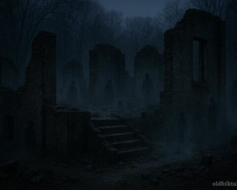 Faint shadowy figures among the ruins of Gore Orphanage in Vermilion, Ohio, with crumbling walls and misty ground at dusk.