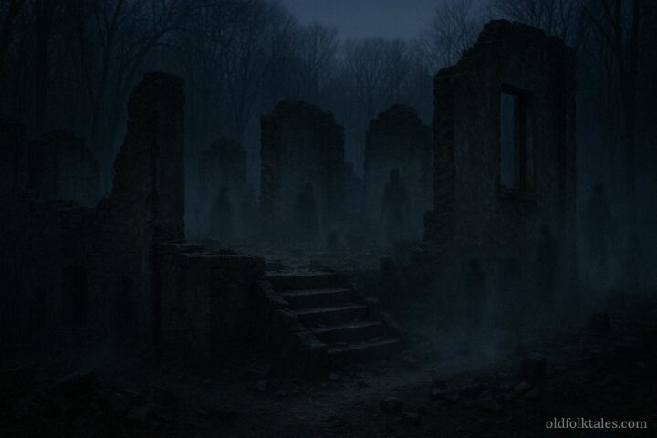 Faint shadowy figures among the ruins of Gore Orphanage in Vermilion, Ohio, with crumbling walls and misty ground at dusk.