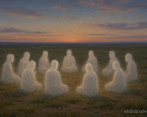 Translucent ancestral spirits seated beneath an old Indigenous council ground at dusk.