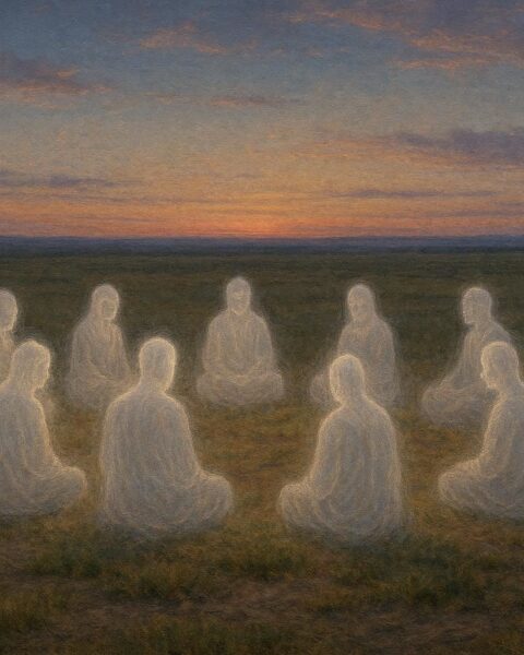 Translucent ancestral spirits seated beneath an old Indigenous council ground at dusk.