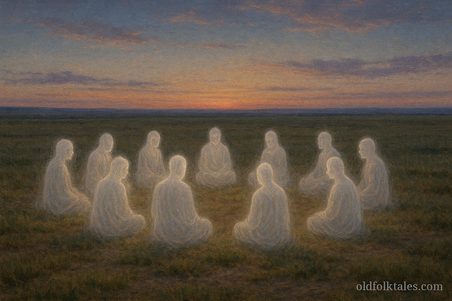 Translucent ancestral spirits seated beneath an old Indigenous council ground at dusk.