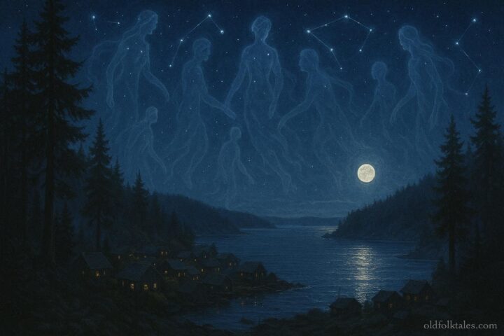 Spirit figures moving among glowing constellations above a coastal forest village at night in a Pacific Northwest Indigenous sky legend