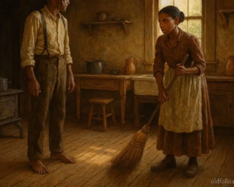 Person sweeping a wooden floor near another person’s feet inside a historic American home