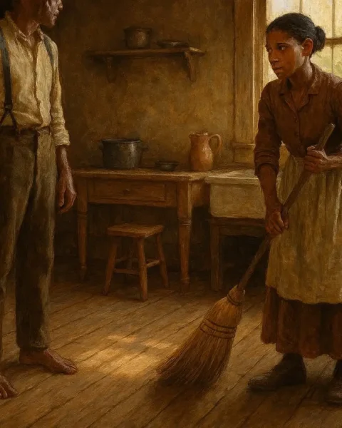Person sweeping a wooden floor near another person’s feet inside a historic American home