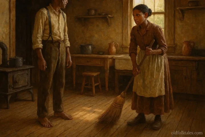 Person sweeping a wooden floor near another person’s feet inside a historic American home
