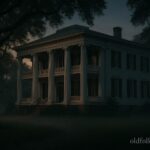 Historic antebellum Sweetwater Mansion in Florence Alabama at dusk with white columns and oak trees, evoking its haunted legend.