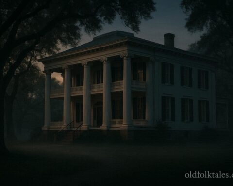 Historic antebellum Sweetwater Mansion in Florence Alabama at dusk with white columns and oak trees, evoking its haunted legend.