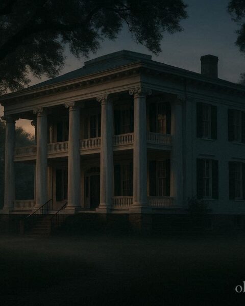 Historic antebellum Sweetwater Mansion in Florence Alabama at dusk with white columns and oak trees, evoking its haunted legend.