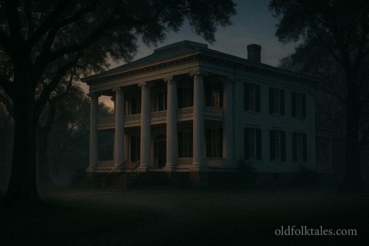 Historic antebellum Sweetwater Mansion in Florence Alabama at dusk with white columns and oak trees, evoking its haunted legend.