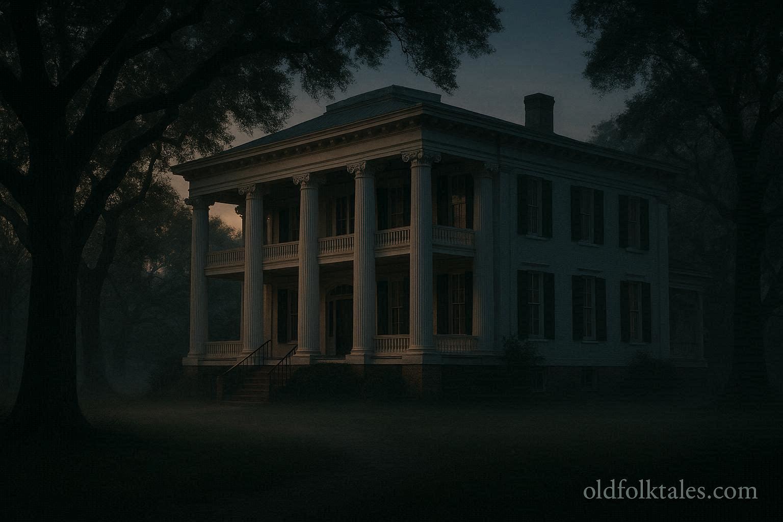 Historic antebellum Sweetwater Mansion in Florence Alabama at dusk with white columns and oak trees, evoking its haunted legend.