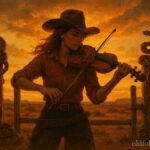 A Texas cowgirl plays fiddle near a ranch gate guarded by calm coiled rattlesnakes at sunset.