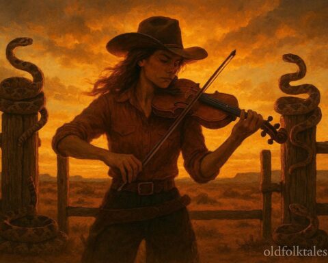 A Texas cowgirl plays fiddle near a ranch gate guarded by calm coiled rattlesnakes at sunset.