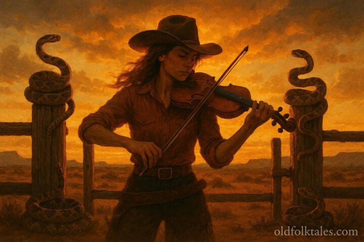 A Texas cowgirl plays fiddle near a ranch gate guarded by calm coiled rattlesnakes at sunset.
