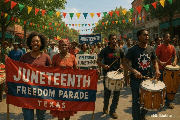 Crowd at Texas Juneteenth celebration with banners, drums, and food in a community gathering