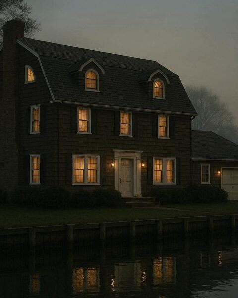 Dutch Colonial house at dusk in Amityville New York with quarter moon windows and calm canal waters, evoking the haunted house legend.
