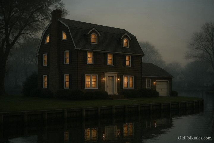 Dutch Colonial house at dusk in Amityville New York with quarter moon windows and calm canal waters, evoking the haunted house legend.