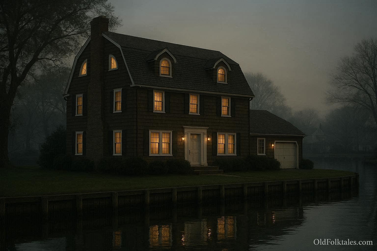 Dutch Colonial house at dusk in Amityville New York with quarter moon windows and calm canal waters, evoking the haunted house legend.