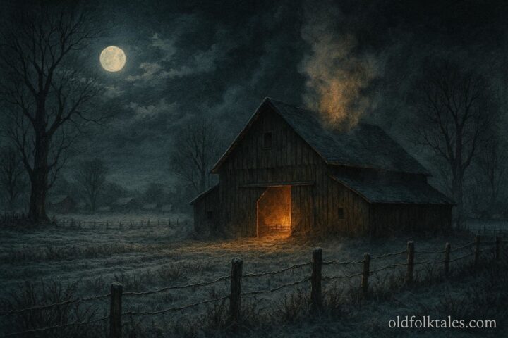 Winter farm scene with a wooden barn glowing from firelight in the distance and mist drifting across frost covered fields under moonlight.