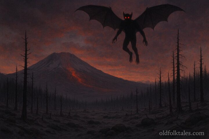 Illustration of Batsquatch flying above the Mount St. Helens volcanic landscape with glowing red eyes