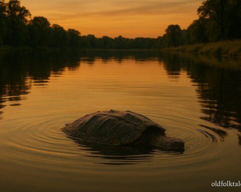 Calm Indiana lake at sunset with large turtle shell breaking the water representing Beast of Busco legend.