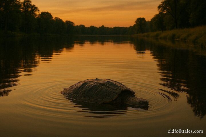 Calm Indiana lake at sunset with large turtle shell breaking the water representing Beast of Busco legend.