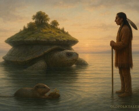 Wenabozho placing earth on a turtle’s back after the muskrat retrieves soil from deep waters.