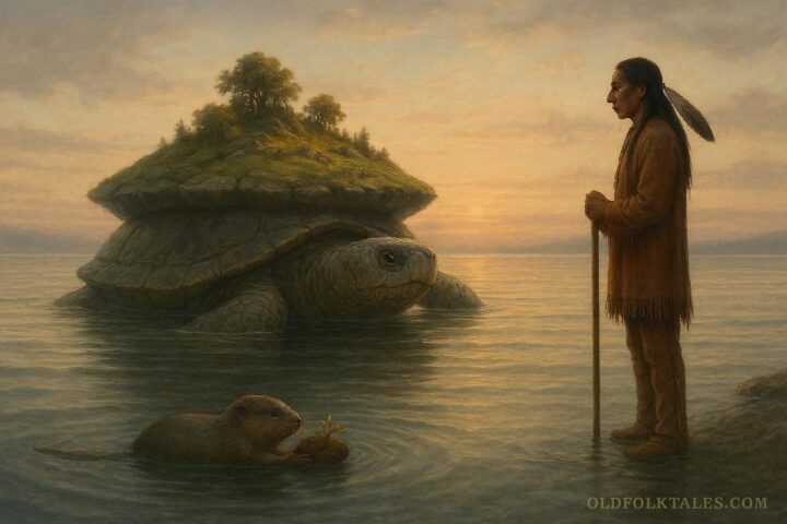 Wenabozho placing earth on a turtle’s back after the muskrat retrieves soil from deep waters.